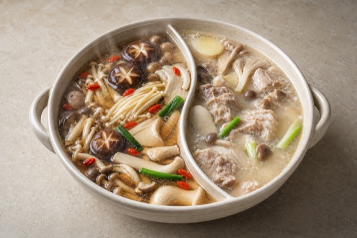 Photorealistic half-and-half side mushroom clear broth hot pot broth P08 food image by VDAMO