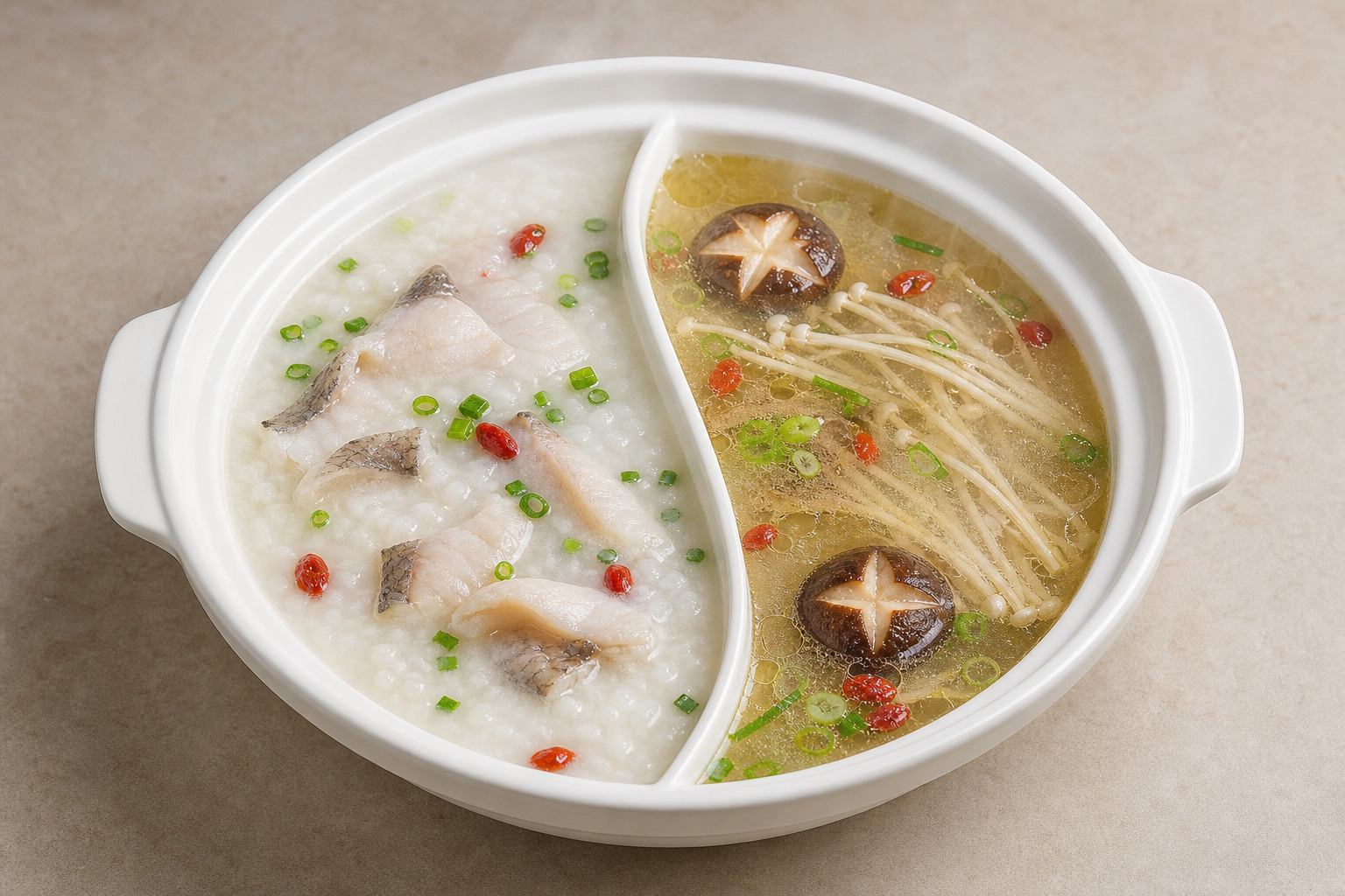 Photorealistic half-and-half side Shunde congee base hot pot broth P04 food image by VDAMO