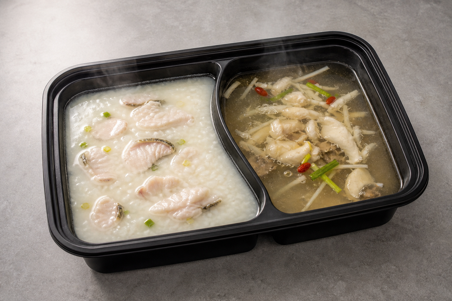 Photorealistic half-and-half side Shunde congee base hot pot broth P06 food image by VDAMO