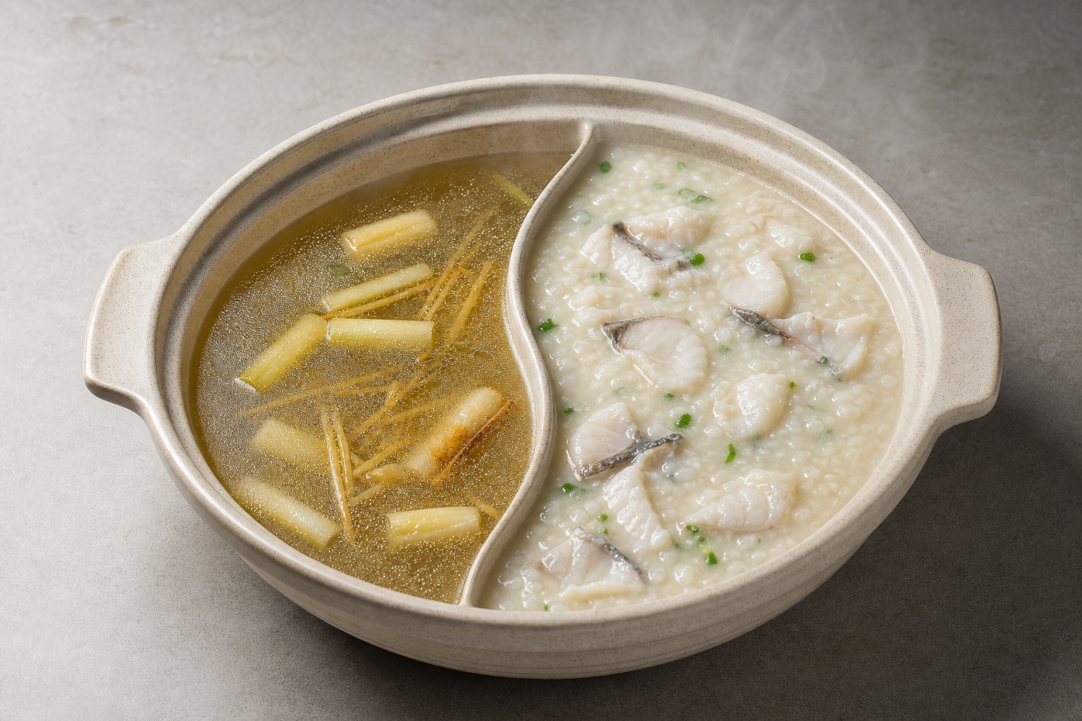 Photorealistic half-and-half side Shunde congee base hot pot broth P09 food image by VDAMO