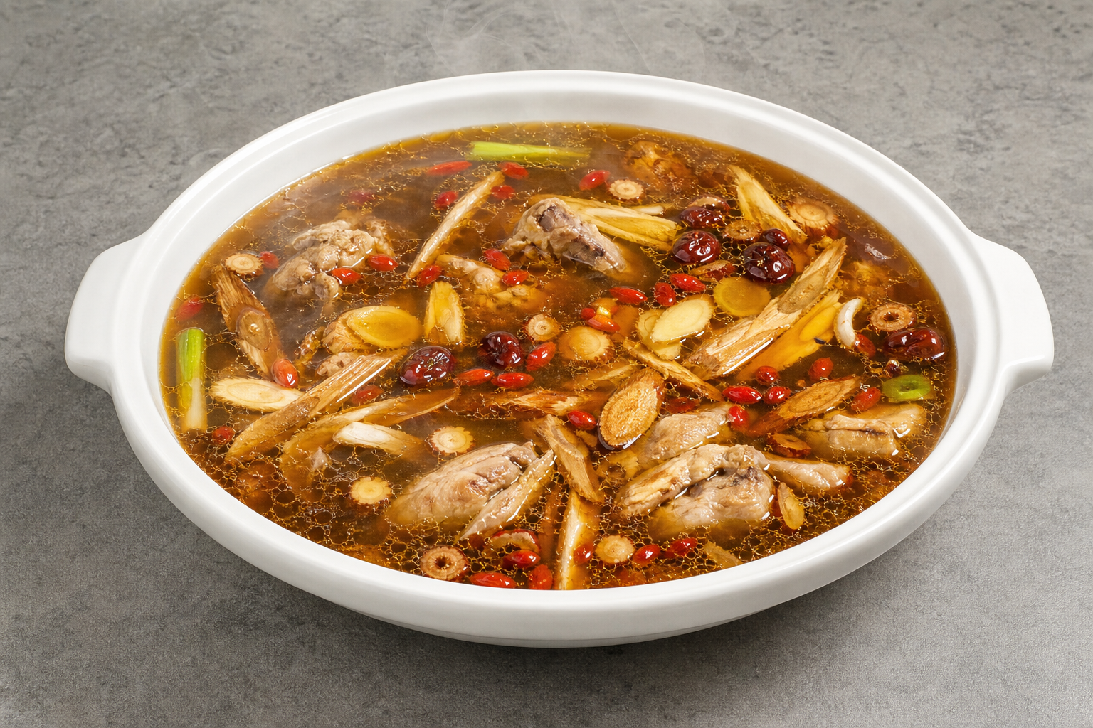 Photorealistic rich flavor Chinese herbal nourishing hot pot broth P01 food image by VDAMO