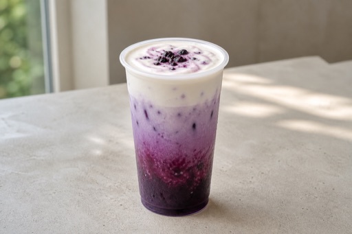 Photorealistic blueberry cheese foam tea P07 food image by VDAMO