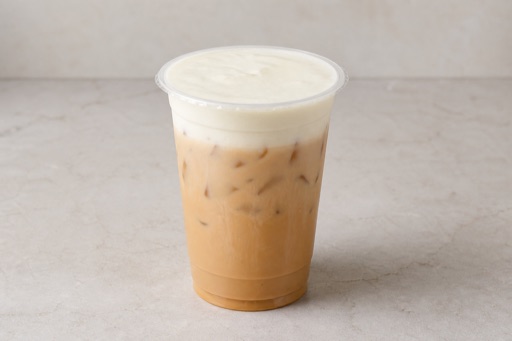 Photorealistic oat milk cheese foam tea P09 food image by VDAMO
