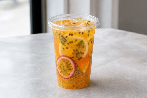 Photorealistic passion fruit duck shit aroma oolong fresh fruit tea P04 food image by VDAMO