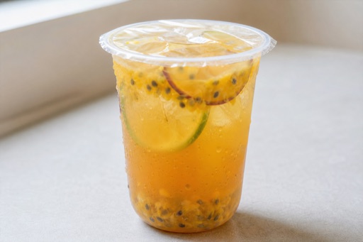 Photorealistic passion fruit duck shit aroma oolong fresh fruit tea P09 food image by VDAMO