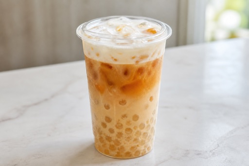 Photorealistic agar pearls oolong milk tea P07 food image by VDAMO