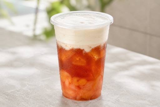 Photorealistic peach black tea cheese foam tea P03 food image by VDAMO