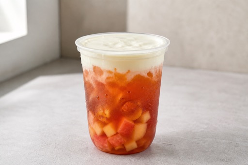 Photorealistic peach black tea cheese foam tea P05 food image by VDAMO