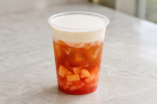 Photorealistic peach black tea cheese foam tea P06 food image by VDAMO