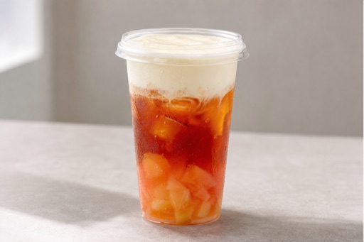 Photorealistic peach black tea cheese foam tea P07 food image by VDAMO