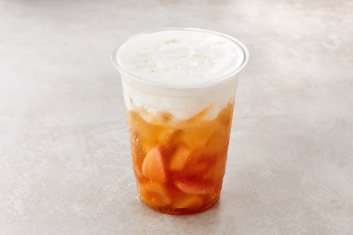 Photorealistic peach black tea cheese foam tea P10 food image by VDAMO