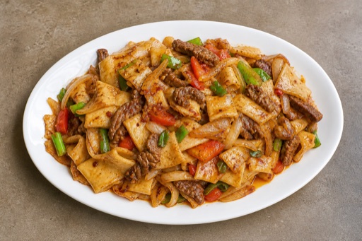 Photorealistic Northwest Chinese beef fried noodle sheets P03 food image by VDAMO