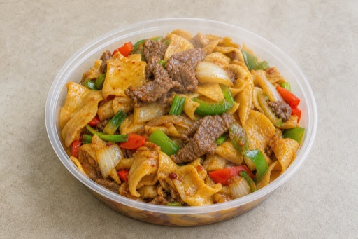 Photorealistic Northwest Chinese beef fried noodle sheets P07 food image by VDAMO