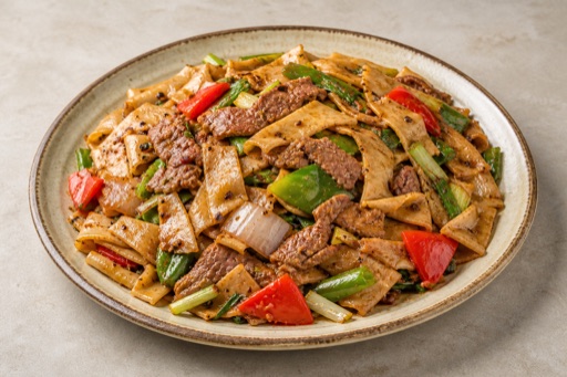 Photorealistic Northwest Chinese beef fried noodle sheets P10 food image by VDAMO
