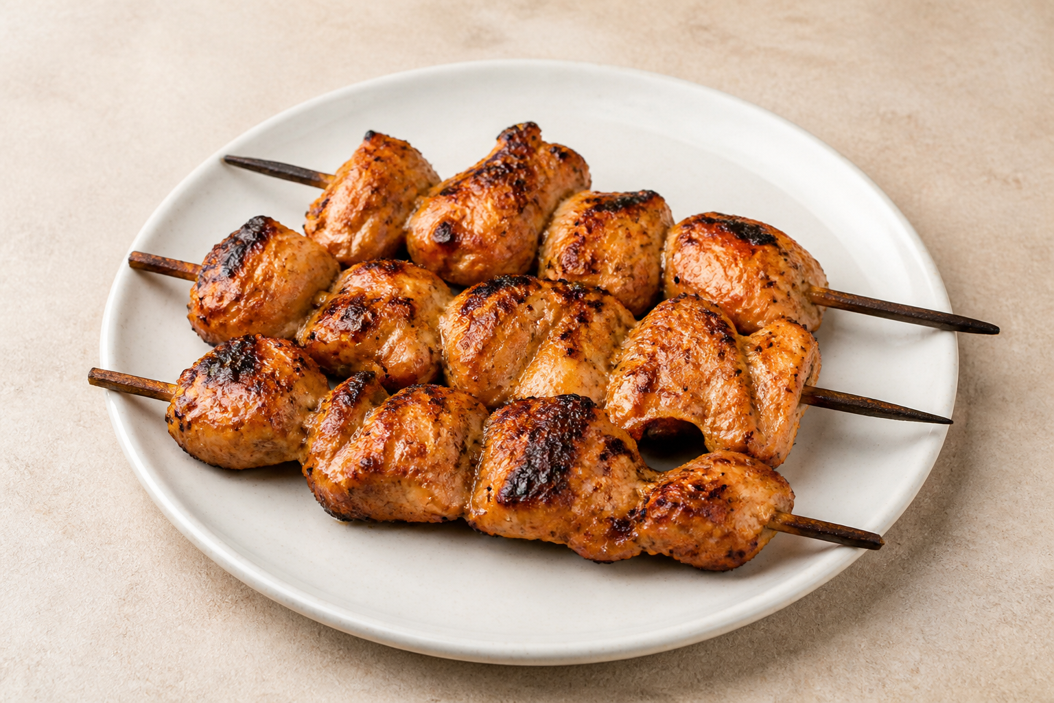 Photorealistic GE House grilled chicken skewers barbecue P09 food image by VDAMO