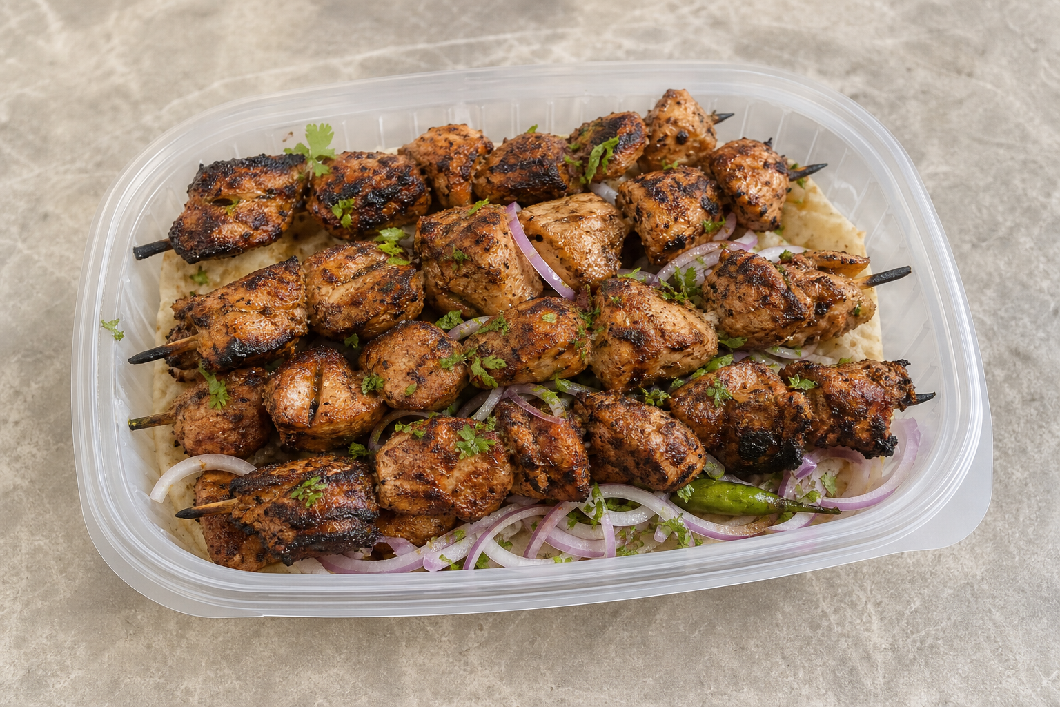 Photorealistic PK House grilled chicken skewers barbecue P07 food image by VDAMO